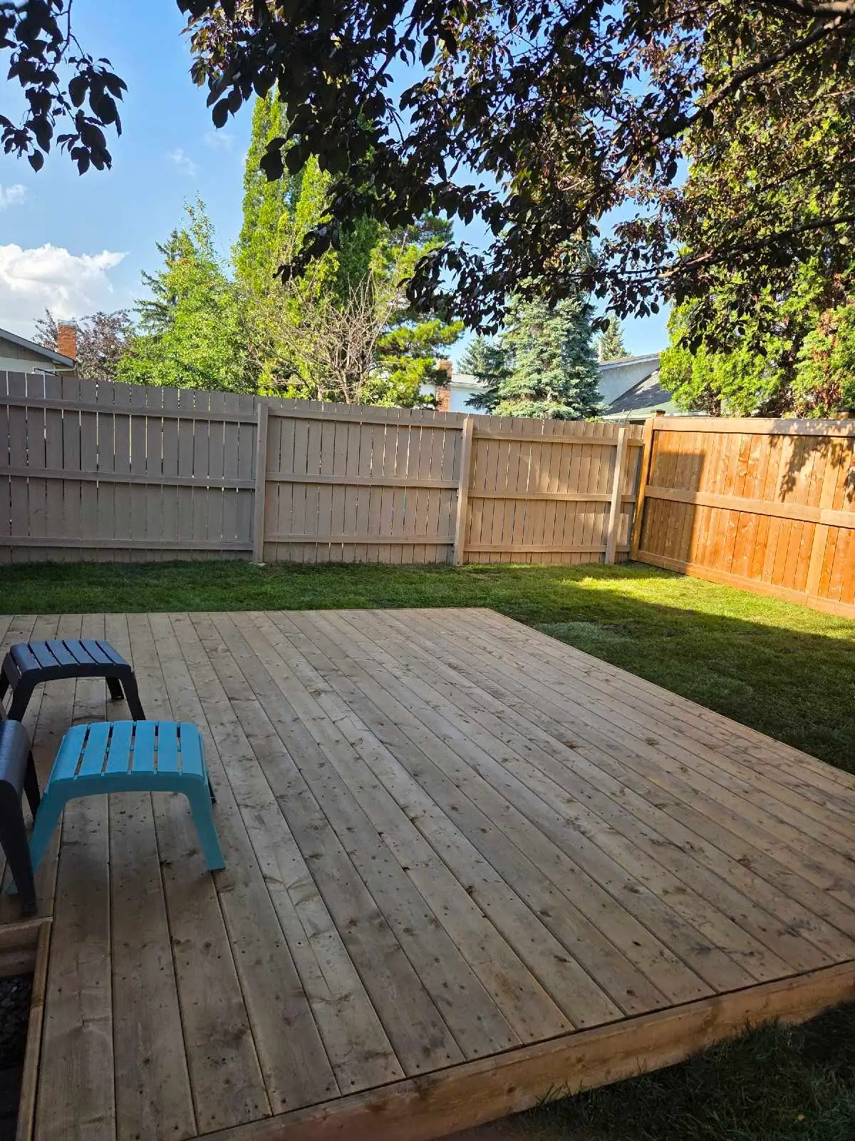 Beautiful residential landscaped yard with custom deck work